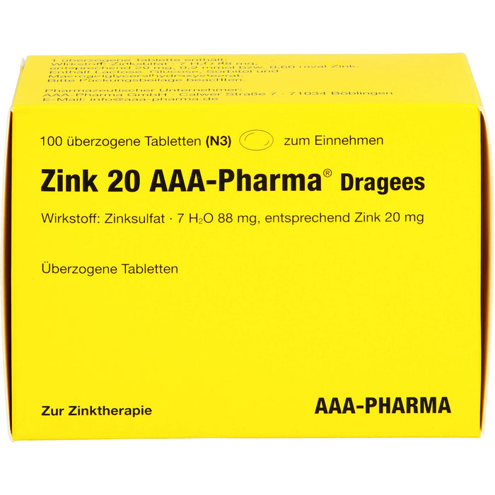 Zink 20 AAA-Pharma Dragees zur Zinktherapie, 100 pc Tablettes