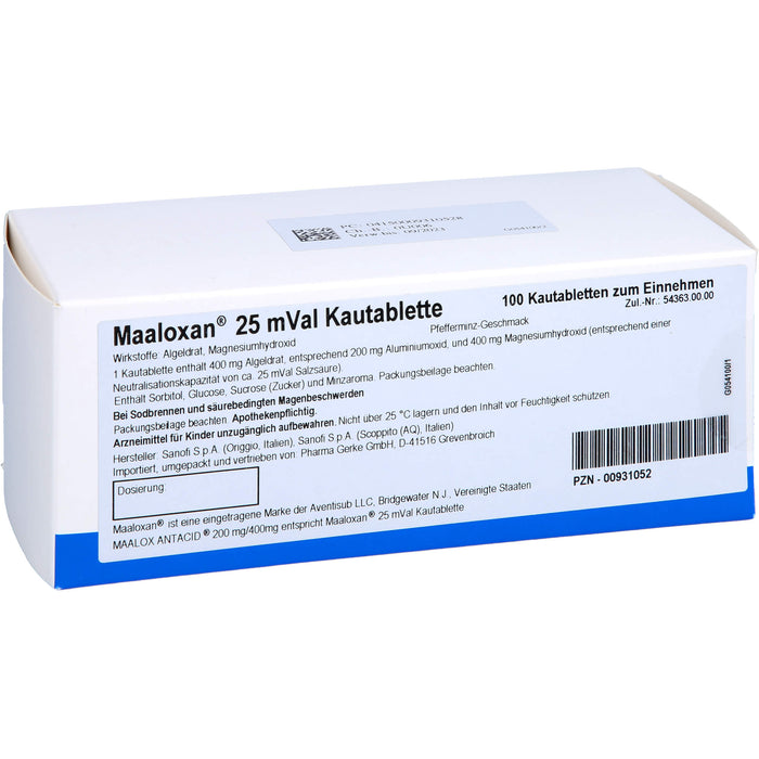 Pharma Gerke Maaloxan 25 mVal Kautabletten säurebindendes Magenmittel, 100 pc Tablettes