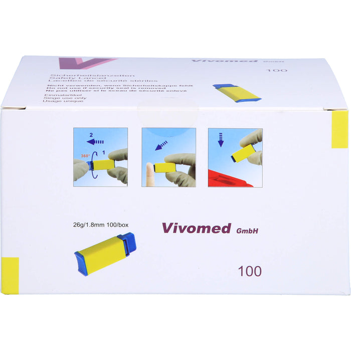 Vivomed Sicherheitsblutlanzetten gelb 26 G x 1,8 mm, 100 pcs. Pack