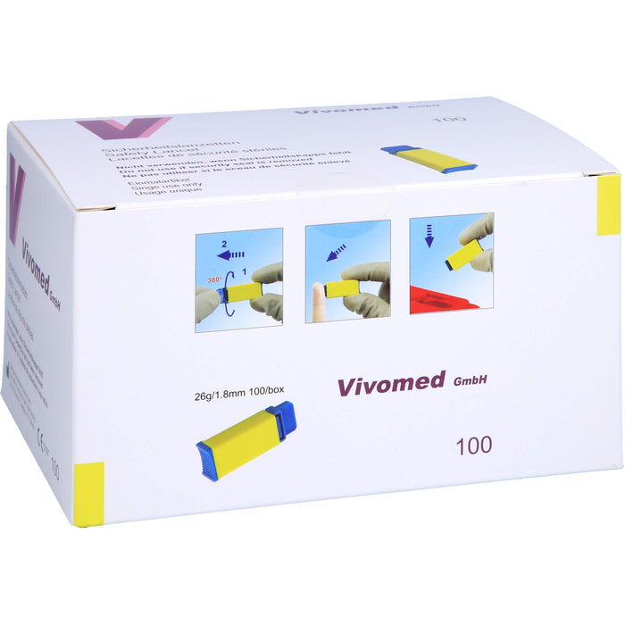 Vivomed Sicherheitsblutlanzetten gelb 26 G x 1,8 mm, 100 pc Paquet