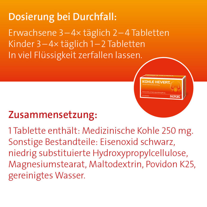 Kohle Hevert bei Durchfall sowie bei Vergiftungen durch Lebensmittel, Schwermetalle und Medikamente, 50 St. Tabletten