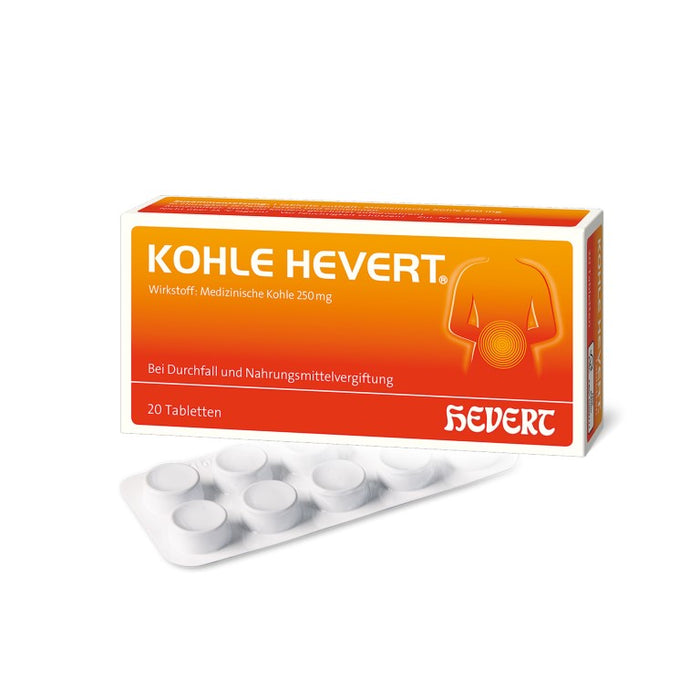 Kohle Hevert bei Durchfall sowie bei Vergiftungen durch Lebensmittel, Schwermetalle und Medikamente, 20 St. Tabletten