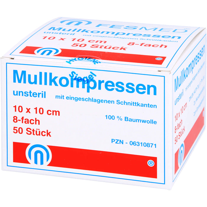 FESMED ES-Mullkompressen 10 x 10 cm 8fach unsteril mit eingeschlagenen Schnittkanten, 50 pc Compresses