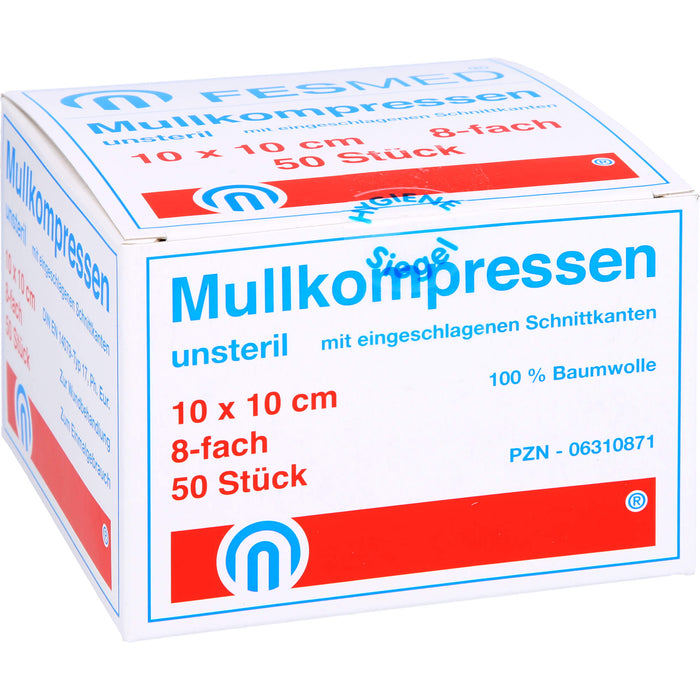 FESMED ES-Mullkompressen 10 x 10 cm 8fach unsteril mit eingeschlagenen Schnittkanten, 50 pcs. Compresses