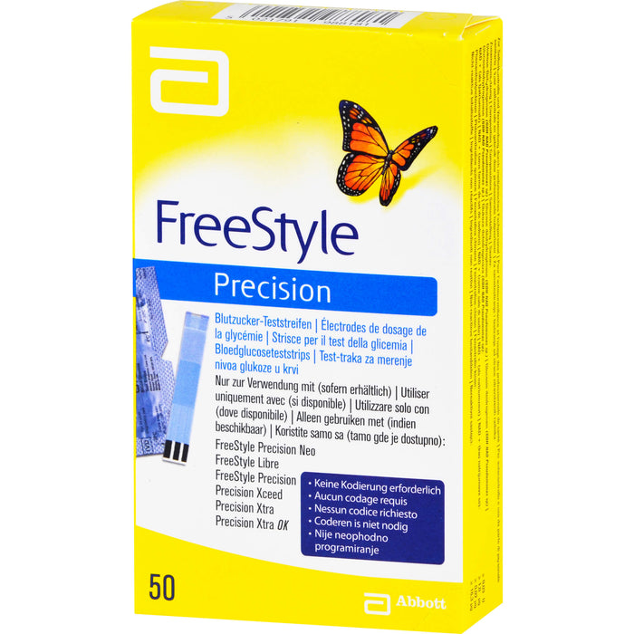 FreeStyle Precision Blutzucker-Teststrreifen ohne Codieren, 50 pc Bandelettes réactives