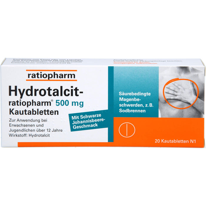 Hydrotalcit-ratiopharm 500 mg Kautabletten bei säurebedingte Magenbeschwerden wie Sodbrennen, 20 pc Tablettes