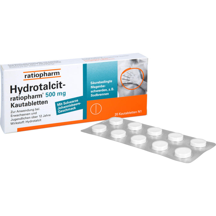 Hydrotalcit-ratiopharm 500 mg Kautabletten bei säurebedingte Magenbeschwerden wie Sodbrennen, 20 St. Tabletten