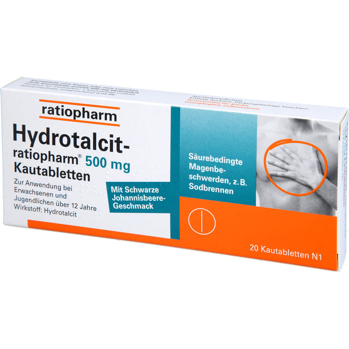 Hydrotalcit-ratiopharm 500 mg Kautabletten bei säurebedingte Magenbeschwerden wie Sodbrennen, 20 pc Tablettes