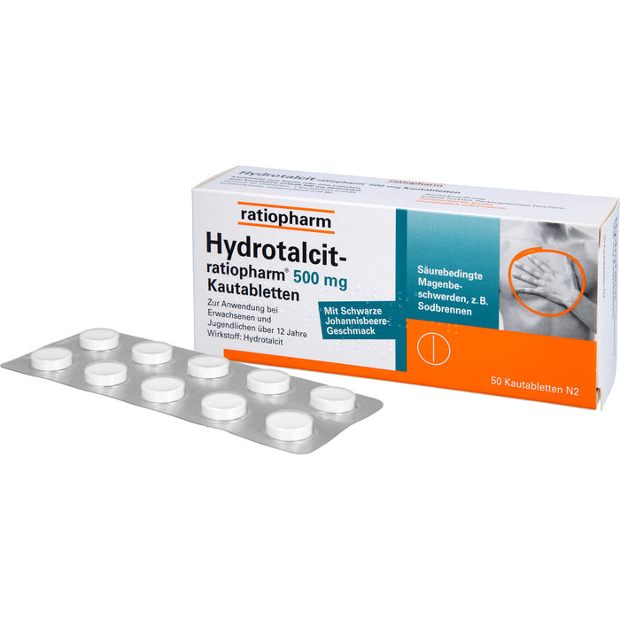 Hydrotalcit-ratiopharm 500 mg Kautabletten bei säurebedingte Magenbeschwerden wie Sodbrennen, 50 pc Tablettes