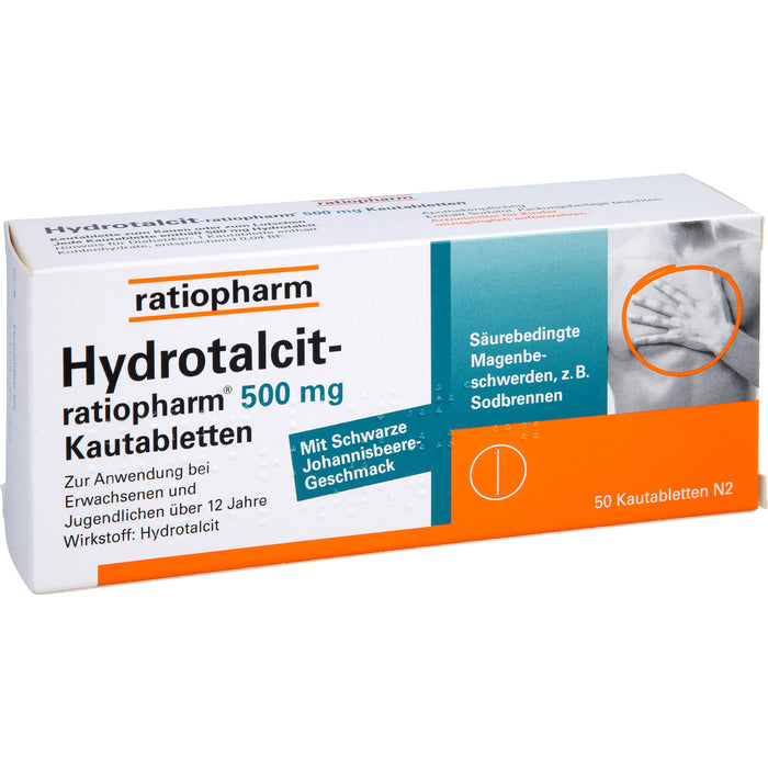 Hydrotalcit-ratiopharm 500 mg Kautabletten bei säurebedingte Magenbeschwerden wie Sodbrennen, 50 St. Tabletten