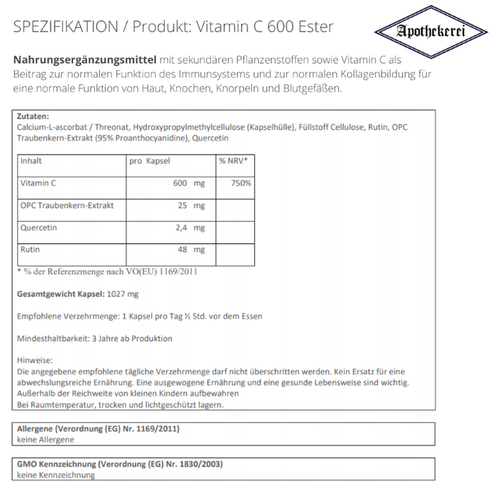 Apothekerei Vitamin C 600 mit OPC, Rutin und Quercetin, 30 St. Kapseln