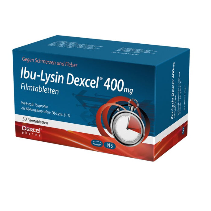 Ibu-Lysin Dexcel 400 mg Tabletten bei Schmerzen und Fieber, 50 pc Tablettes