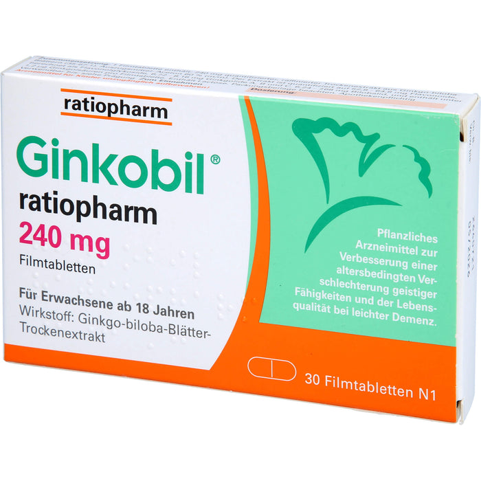 Ginkobil ratiopharm 240 mg Filmtabletten bei altersbedingter Verschlechterung geistiger Fähigkeiten, 30 pc Tablettes