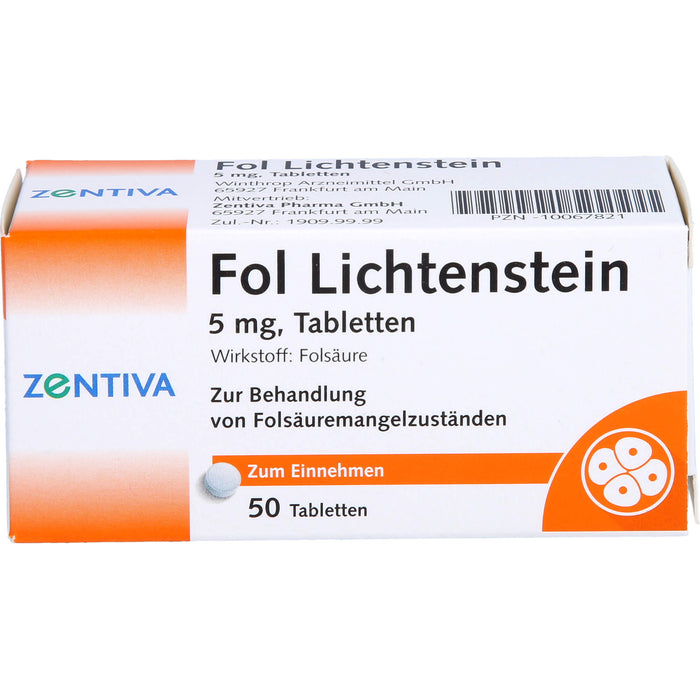 Fol Lichtenstein 5 mg Tabletten zur Behandlung von Folsäuremängelzuständen, 50 pc Tablettes