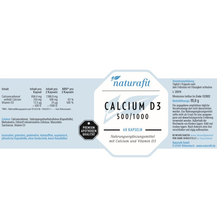 naturafit Calcium D3 500/1000 Kapseln, 60 pc Capsules