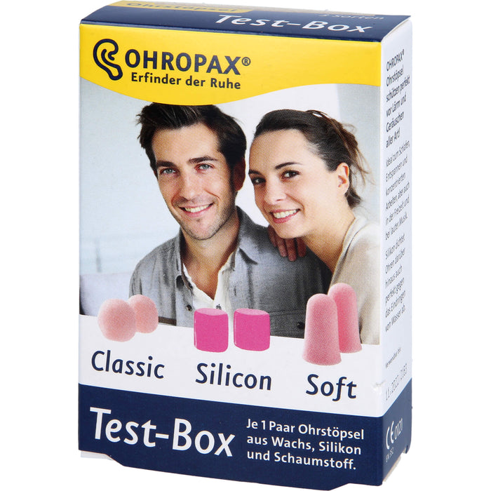 OHROPAX Test-Box je 1 Paar Ohrstöpsel aus Wachs, Silikon und Schaumstoff, 6 St. Ohrstöpsel