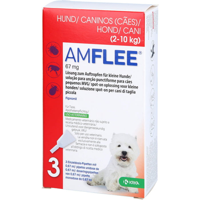 AMFLEE Einzeldosispipetten 67 mg Hunde 2-10 kg zur Behandlung eines Floh- und Zeckenbefalls, 3 pcs. Single-dose pipettes