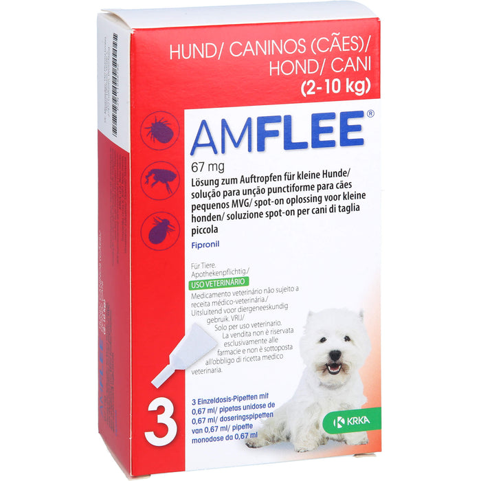 AMFLEE Einzeldosispipetten 67 mg Hunde 2-10 kg zur Behandlung eines Floh- und Zeckenbefalls, 3 pcs. Single-dose pipettes