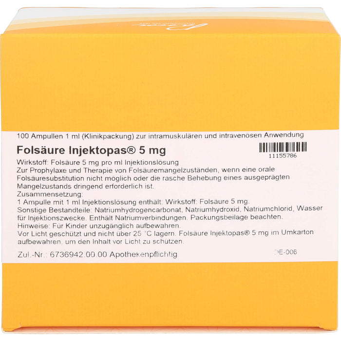 Pascoe Folsäure Injektopas 5 mg Injektionslösung bei Folsäuremangelzuständen, 100 St. Ampullen