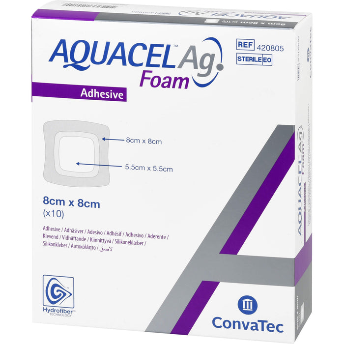 AQUACEL Ag Foam adhäsiv 8x8cm Verband, 10 St VER