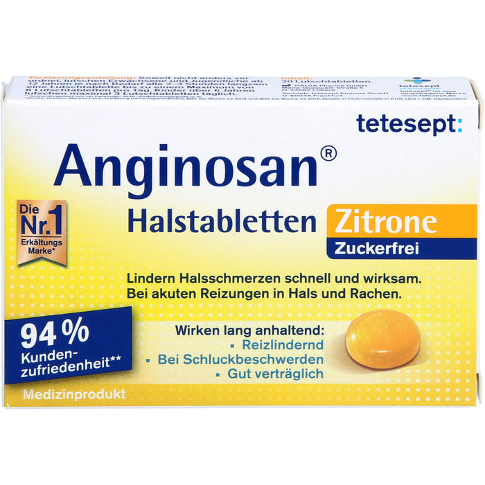 tetesept Anginosan Halstabletten Zitrone zuckerfrei lindern Halsschmerzen bei akuten Reizungen in Hals und Rachen, 20 pcs. Tablets