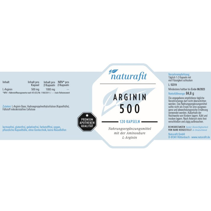 naturafit Arginin 500 Kapseln, 120 pcs. Capsules