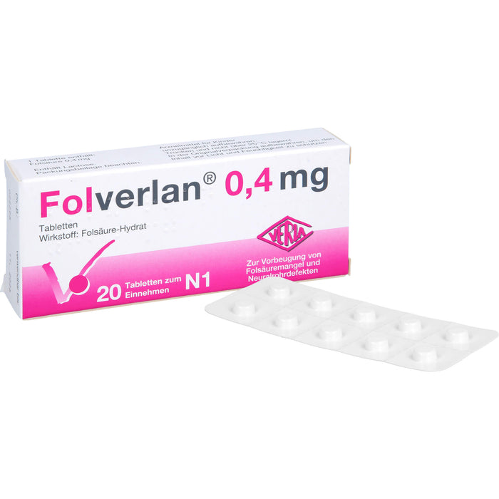 VERLA Folverlan 0,4 mg Tabletten zur Vorbeugung von Folsäuremangel und Neuralrohrdefekten, 20 pcs. Tablets