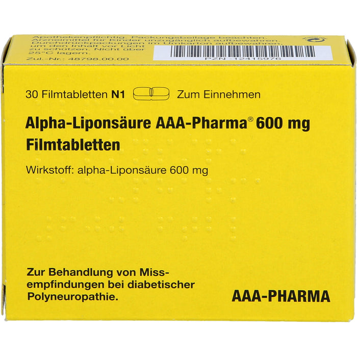 Alpha-Liponsäure AAA-Pharma 600 mg Filmtabletten zur Behandlung von Missempfindungen bei diabetischer Polyneuropathie, 30 pcs. Tablets