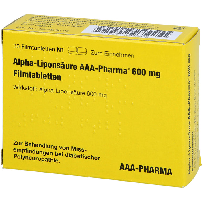 Alpha-Liponsäure AAA-Pharma 600 mg Filmtabletten zur Behandlung von Missempfindungen bei diabetischer Polyneuropathie, 30 pcs. Tablets