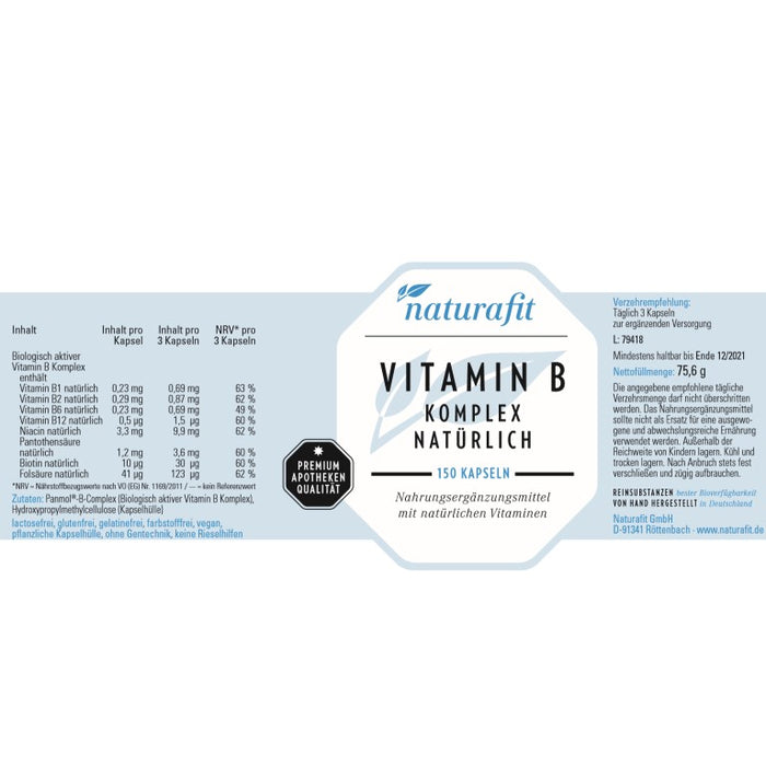 naturafit Vitamin B Komplex natürlich Kapseln, 150 pc Capsules