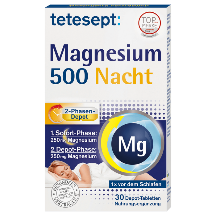 tetesept Magnesium 500 Nacht Tabletten für entspannte Muskeln im Schlaf, 30 pc Tablettes