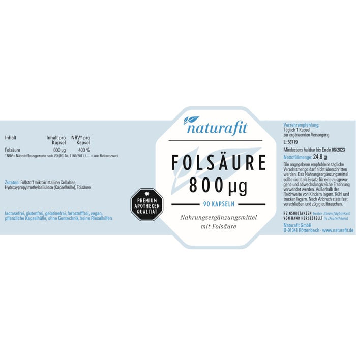 naturafit Folsäure 800 Kapseln, 90 pc Capsules