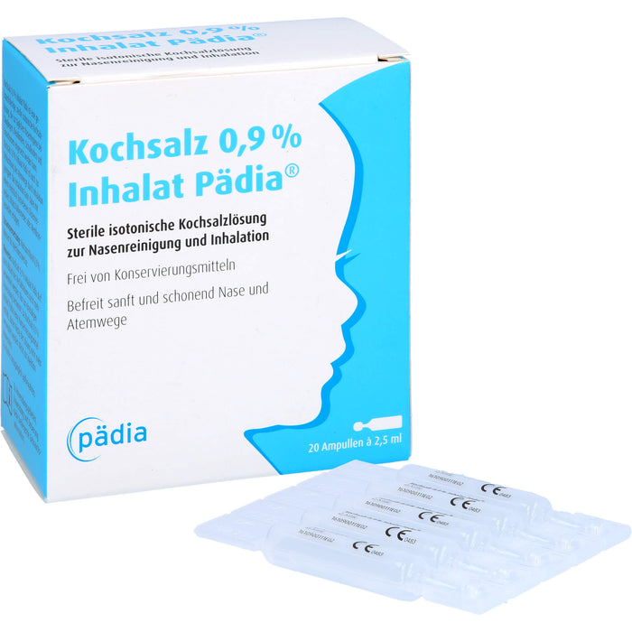 Kochsalz 0,9 % Inhalat Pädia sterile isotonische Kochsalzlösung zur Nasenreinigung und Inhalation, 20 pc Ampoules