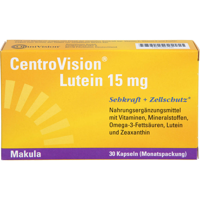 CentroVision Lutein 15 mg Kapseln für Sehkraft und Zellschutz, 30 pc Capsules