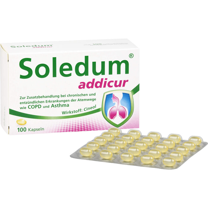 Soledum addicur Weichkapseln zur Zusatzbehandlung bei chronischen und entzündlichen Erkrankungen der Atemwege wie COPD & Asthma, 100 pc Capsules