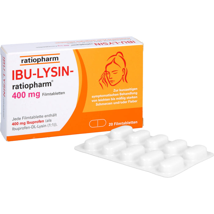 IBU-LYSIN-ratiopharm 400 mg Filmtabletten bei Schmerzen und Fieber, 20 pcs. Tablets