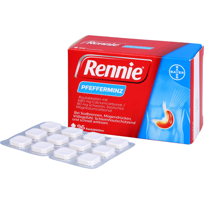 Rennie Kautabletten bei Sodbrennen, Magendrücken und Völlegefühl Pfefferminze, 96 pcs. Tablets