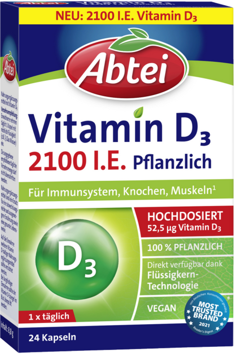 Abtei Vitamin D3 2100 I.E. Kapseln für Immunsystem, Knochen und Muskeln, 24 pcs. Capsules