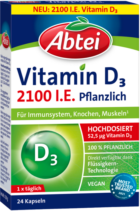 Abtei Vitamin D3 2100 I.E. Kapseln für Immunsystem, Knochen und Muskeln, 24 pcs. Capsules