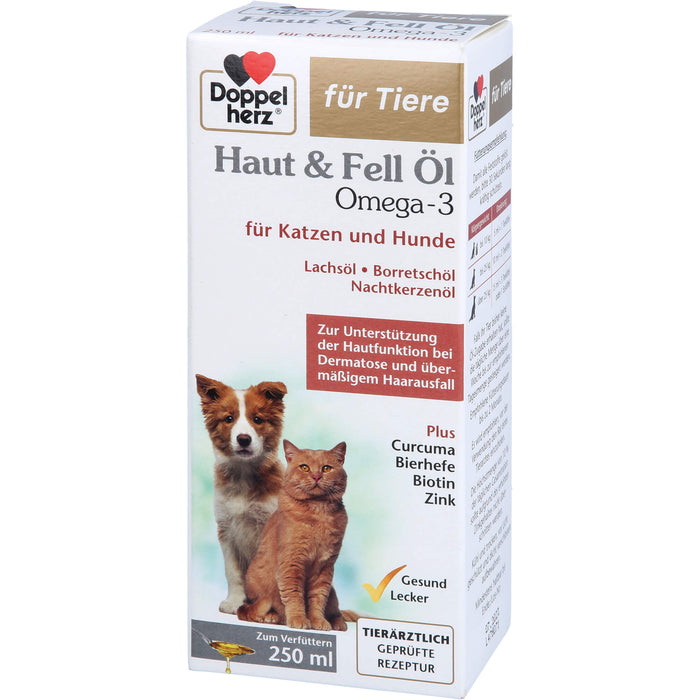 Doppelherz Haut & Fell Öl Omega 3 für Katzen + Hunde zur Unterstützung der Hautfunktion bei Dermatose und übermäßigem Haarausfall, 250 ml Solution