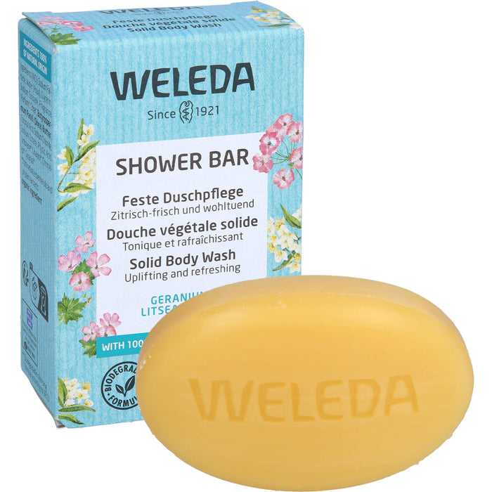 WELEDA Feste Duschpflege Geranium + Litsea Cubeba zitrisch frisch und wohltuend, 75 g Seifenstück