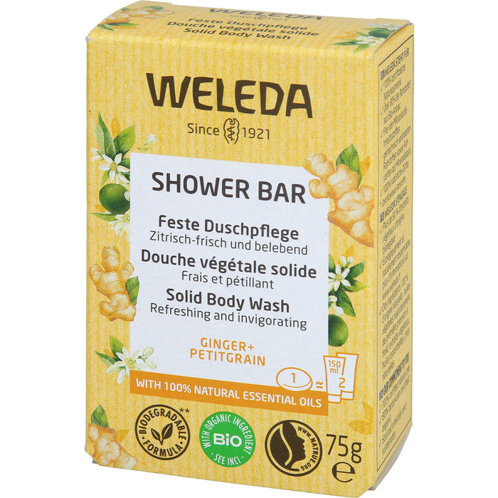 WELEDA Feste Duschpflege Ginger + Petitgrain zitrisch frisch und belebend, 75 g Seifenstück