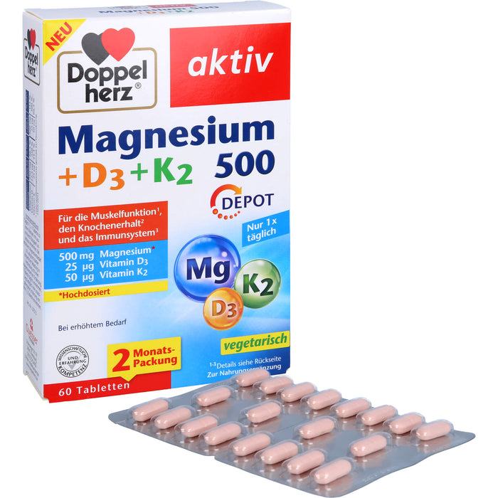 Doppelherz Magnesium 500 + D3 + K2 Depot, 60 St TAB