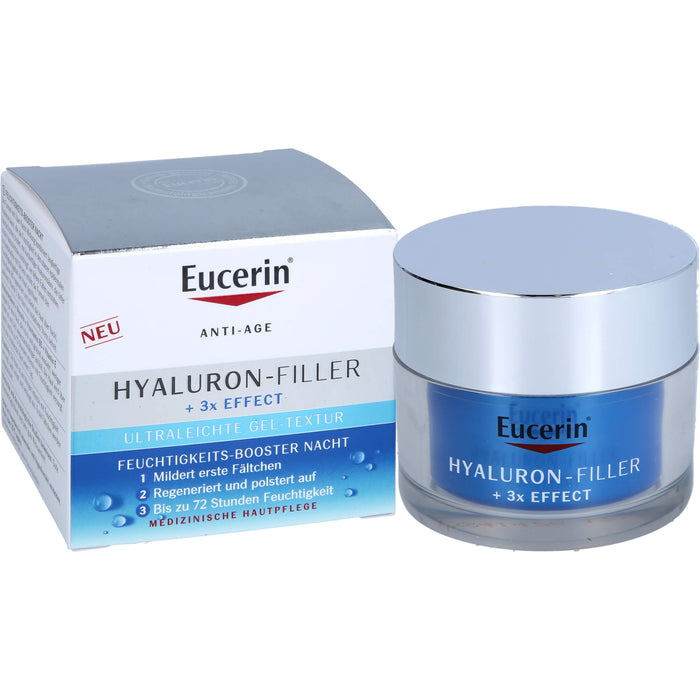 Eucerin Hyaluron-Filler und 3x Effect Feuchtigkeits-Booster Nachtpflege – Gesichtspflege mit Hyaluronsäure gegen Falten, 50 ml Crème