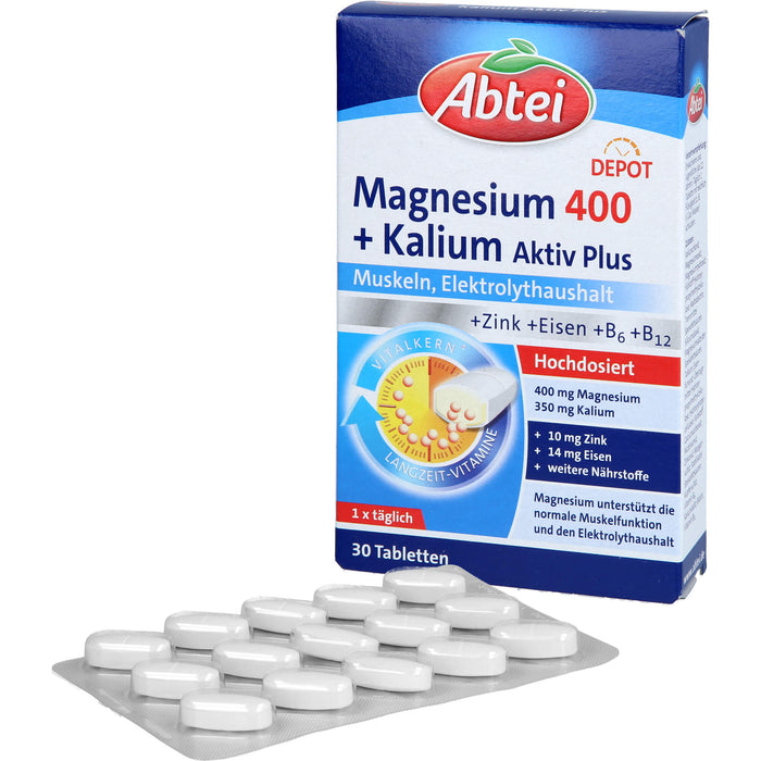 Abtei Magnesium 400 + Kalium aktiv plus Tabletten für Muskeln und Elektrolythaushalt, 30 pcs. Tablets