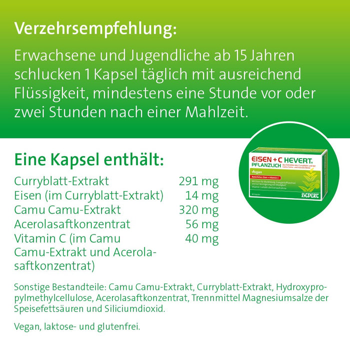 HEVERT Eisen + C pflanzliche Kapseln für Blutbildung, Energiestoffwechsel und zur Verringerung von Müdigkeit, 60 pcs. Capsules