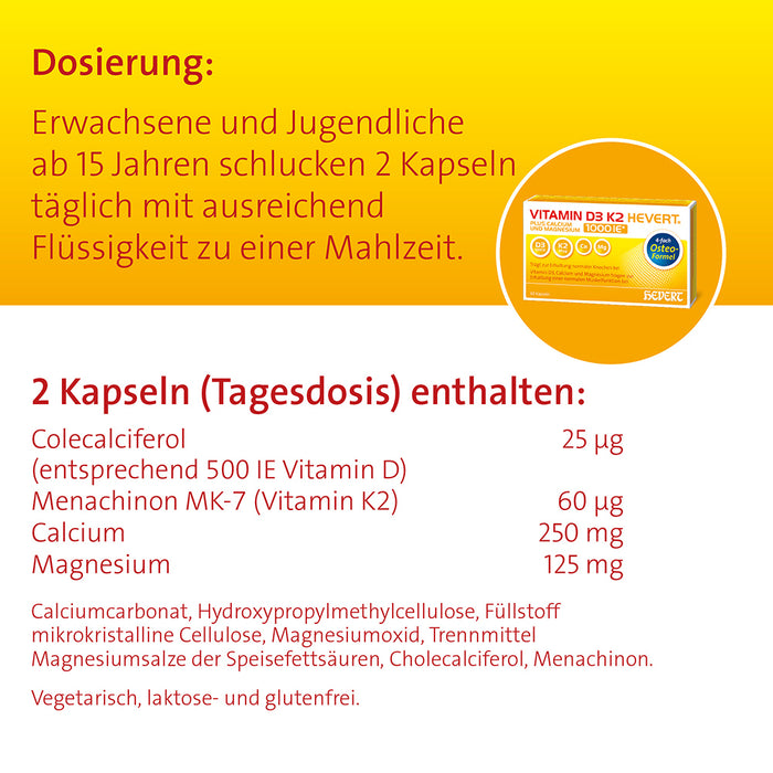 Vitamin D3 K2 Hevert plus Calcium und Magnesium 1000 IE Kapseln, 60 pc Capsules