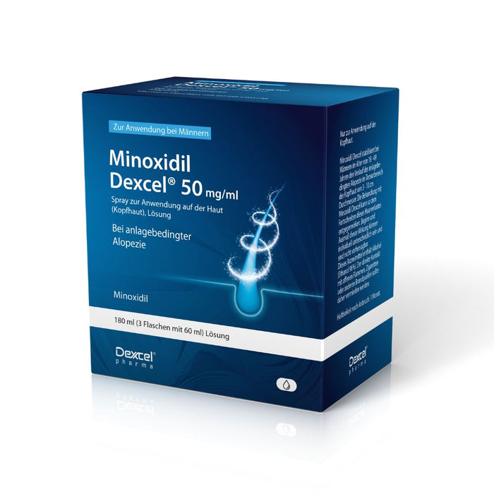 Minoxidil Dexcel 50 mg/ml Spray für Männer zur Anwendung auf der Haut (Kopfhaut), 180 ml Lösung